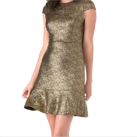 Michael Kors Gold Foil Cap Sleeve Flounce Cocktail Dress, Size M, NWT - Picture 1 of 12